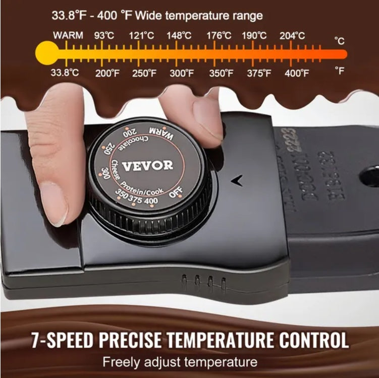 Hand adjusting 7-speed precise temperature control dial on fondue pot with temperature control for cooking