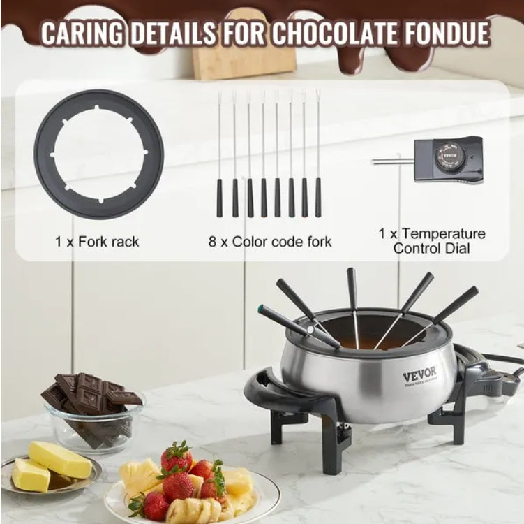 Shopi Vella fondue pot with temperature control featuring fork rack color code forks and temperature control dial