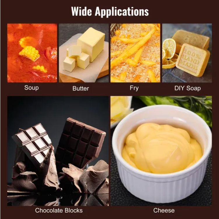 Shopi Vella fondue pot with temperature control showing use for soup butter frying DIY soap chocolate blocks and cheese