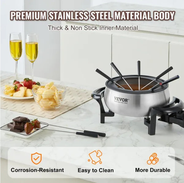 Shopi Vella fondue pot with temperature control in stainless steel with forks and chocolate fondue setup
