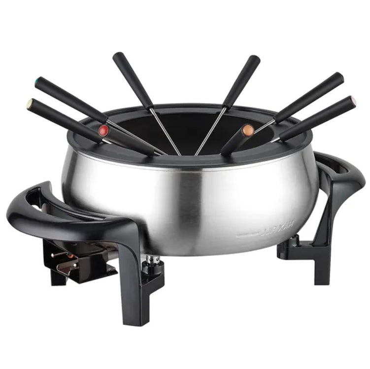 Shopi Vella stainless steel fondue pot with temperature control and six black-handled forks