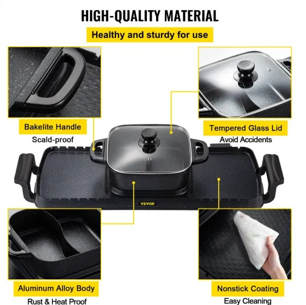 Shopi Vella multifunctional teppanyaki grill pot with bakelite handles, tempered glass lid, and nonstick coating