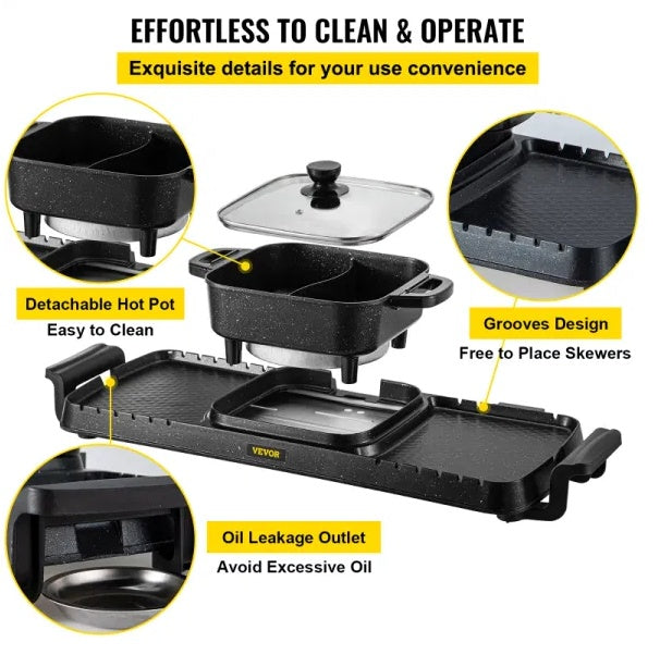 Shopi Vella multifunctional teppanyaki grill pot with detachable hot pot, grooves for skewers, and oil leakage outlet