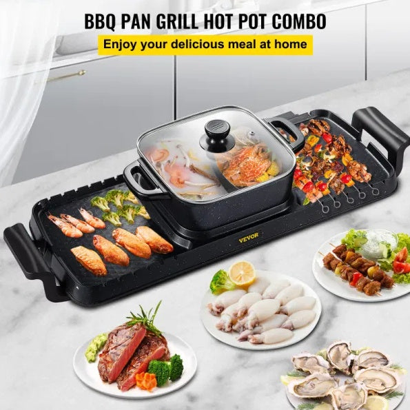 Shopi Vella multifunctional teppanyaki grill pot cooking seafood meat and vegetables on kitchen counter