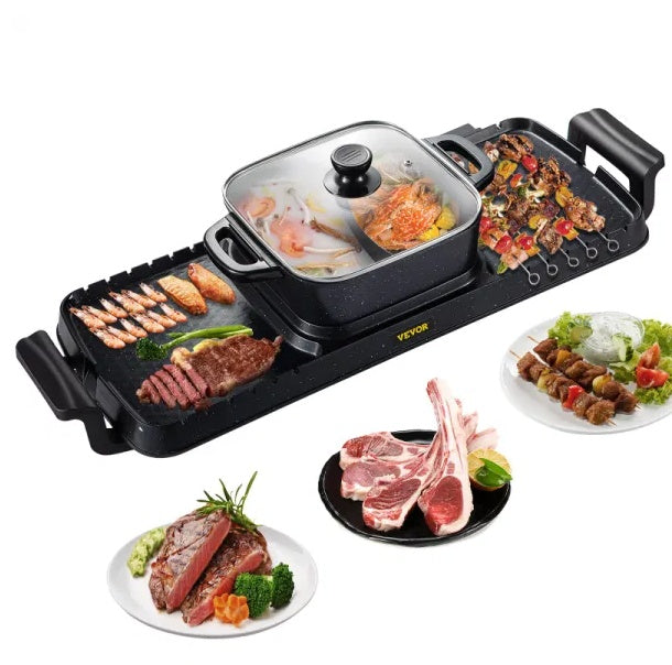 Shopi Vella multifunctional teppanyaki grill pot with dual hot pot and grilling sections cooking meat and vegetables