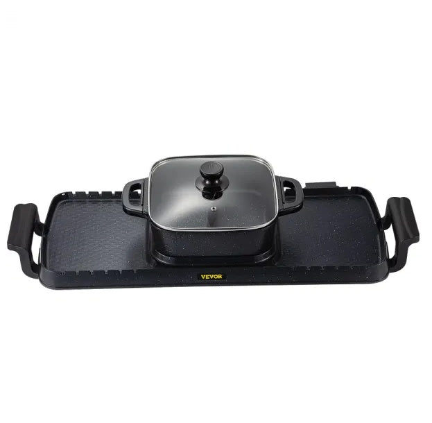 Shopi Vella multifunctional teppanyaki grill pot with black rectangular grill and glass lid pot