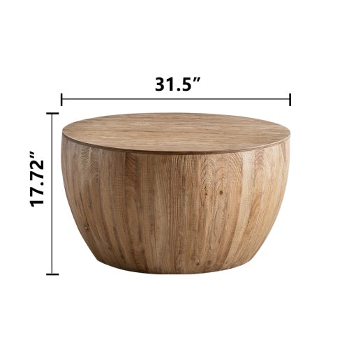 Shopi Vella vintage bucket coffee table set in natural wood with round top and curved base measuring 31.5 by 17.72 inches