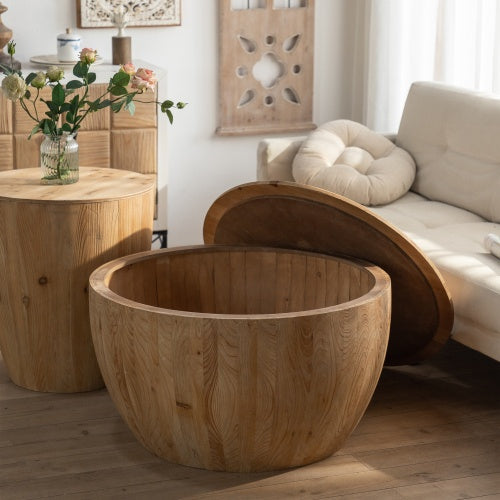 Shopi Vella vintage bucket coffee table set in natural wood with storage feature in living room