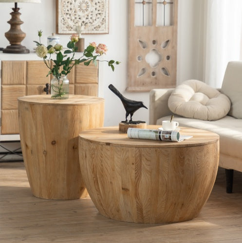 Shopi Vella vintage bucket coffee table set with natural wood finish in a cozy living room