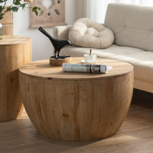 Shopi Vella vintage bucket coffee table set in natural wood with round top and decorative bird sculpture