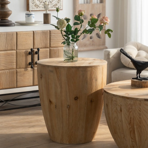 Shopi Vella vintage bucket coffee table set featuring two natural wood round tables in a cozy living room