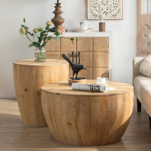 Shopi Vella vintage bucket coffee table set with natural wood finish in bright living room