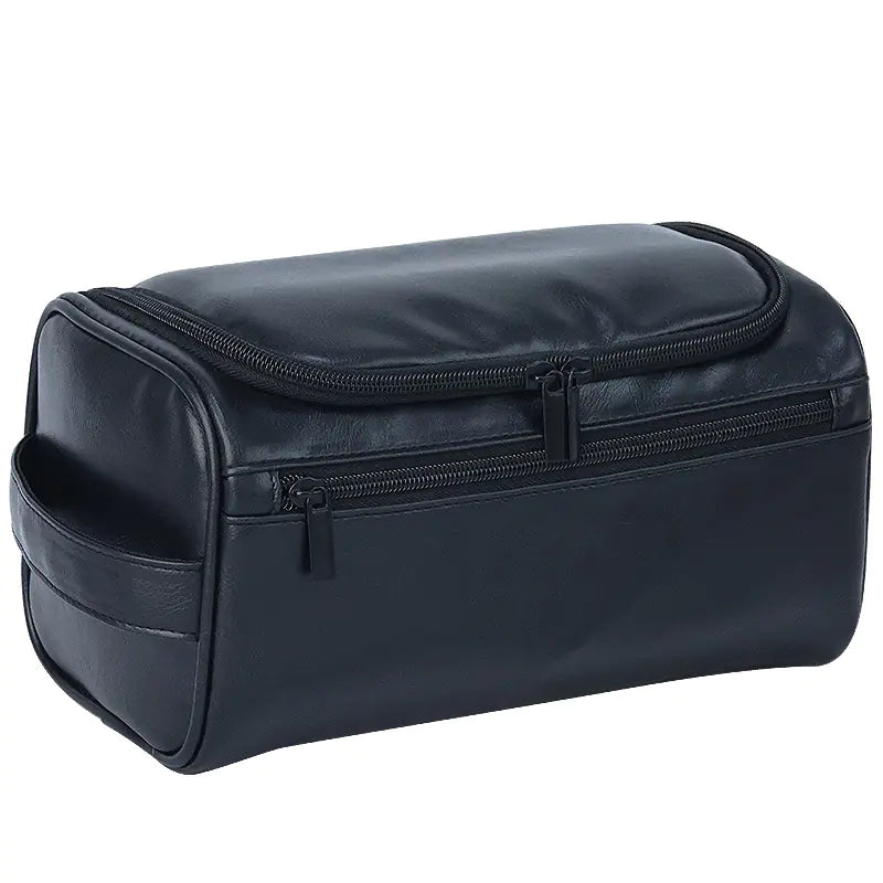 Black vintage waterproof makeup bag with zippered compartments and side handle for easy carrying