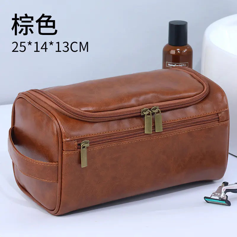 Brown vintage waterproof makeup bag with dual zipper compartments and side handle