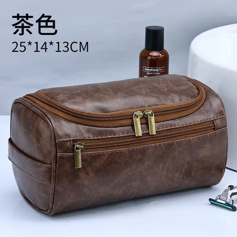 Brown vintage waterproof makeup bag with dual zipper compartments and a compact rectangular design