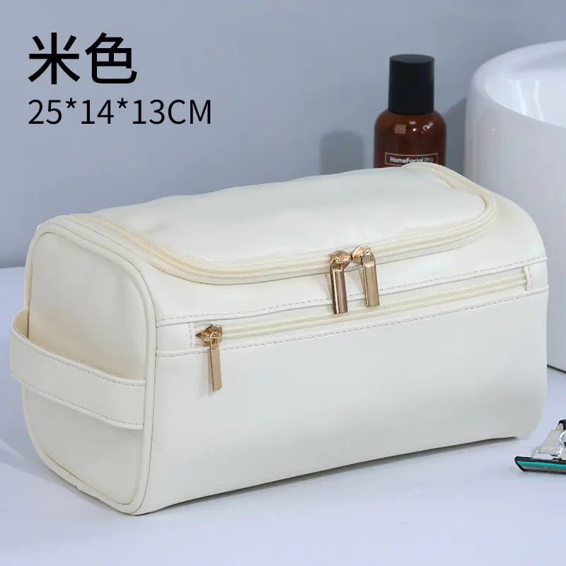 Cream vintage waterproof makeup bag with dual gold zippers and side handle 25x14x13 cm