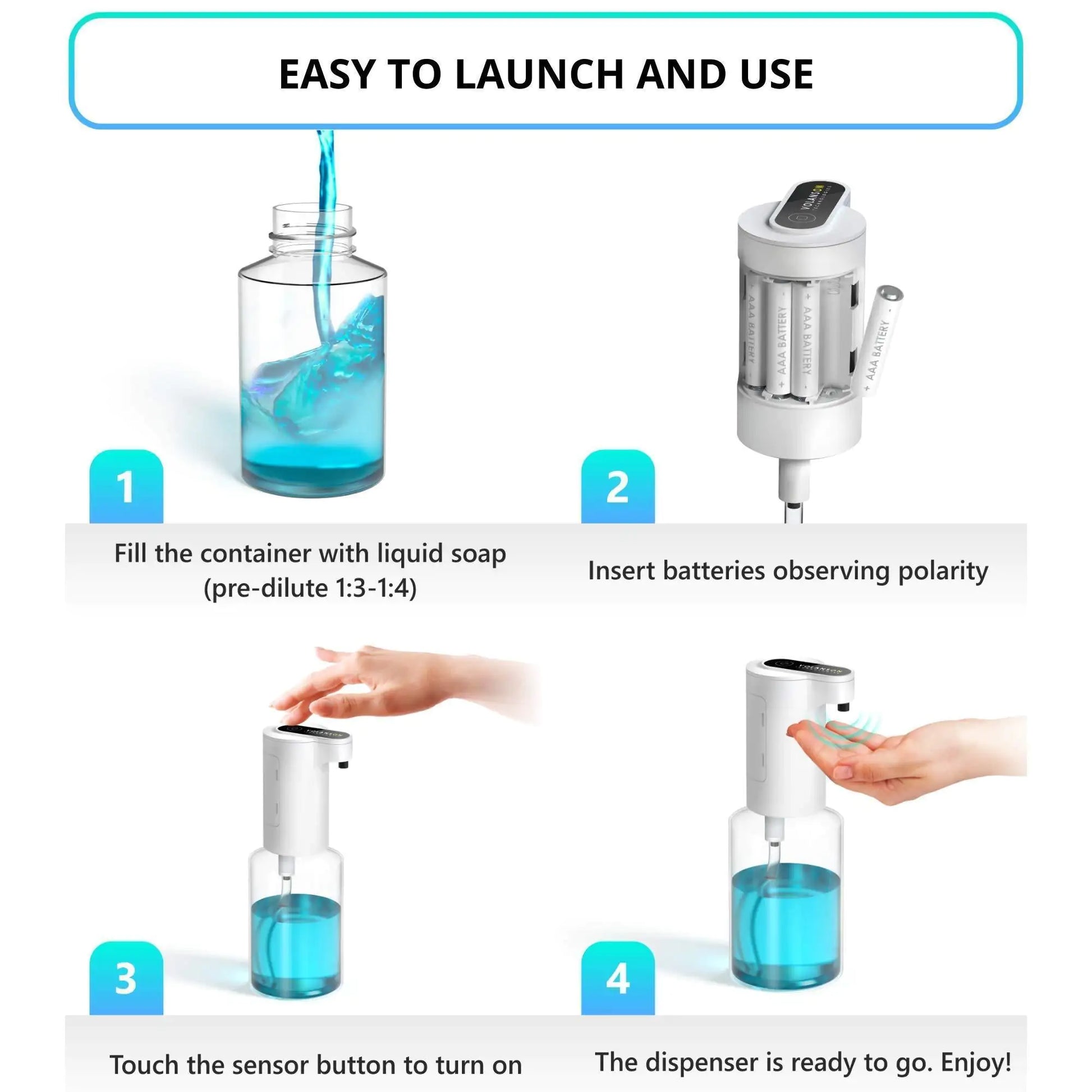 Step-by-step instructions to use the automatic foaming soap dispenser with liquid soap filling and sensor activation