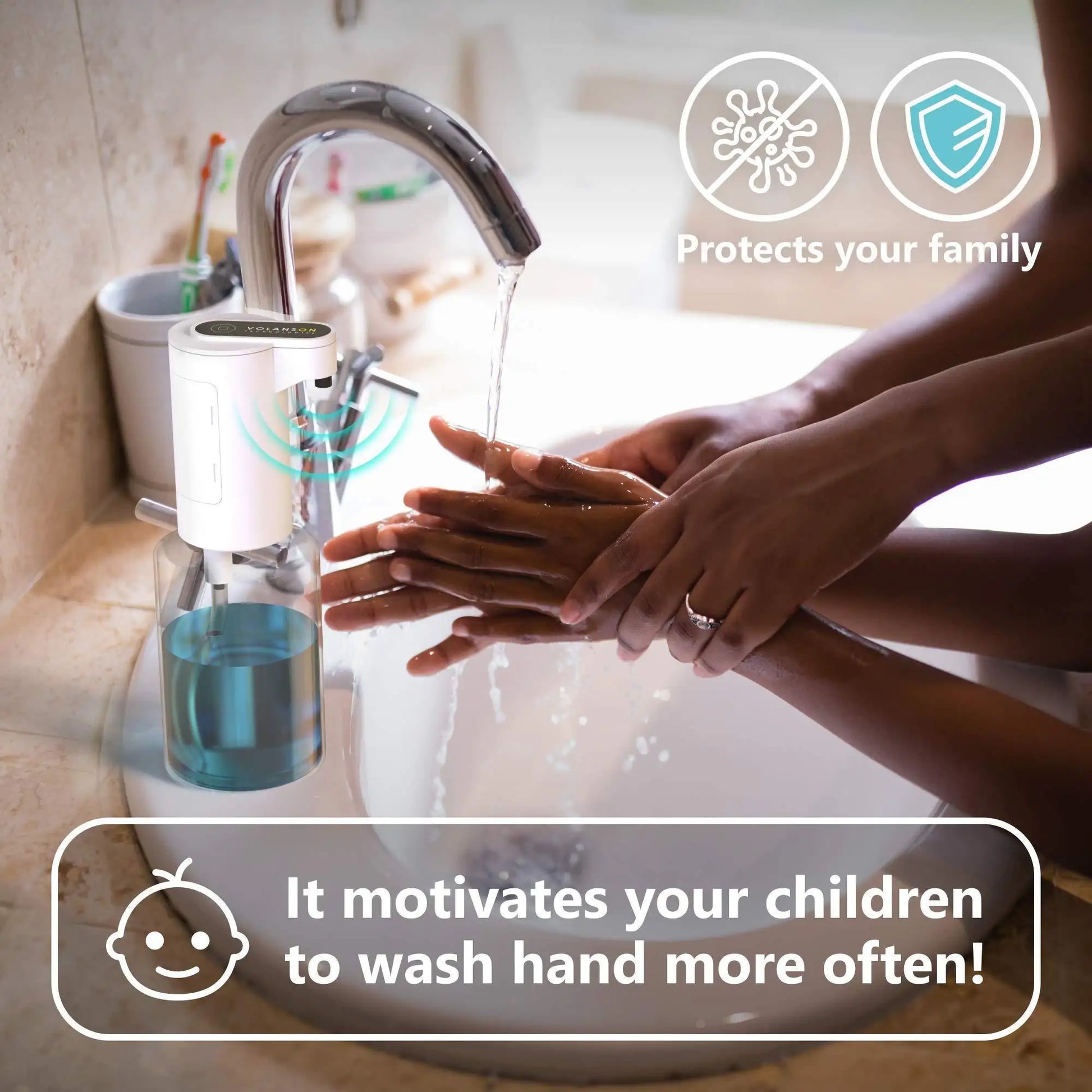Automatic foaming soap dispenser mounted near sink with hands washing showing hygiene benefits