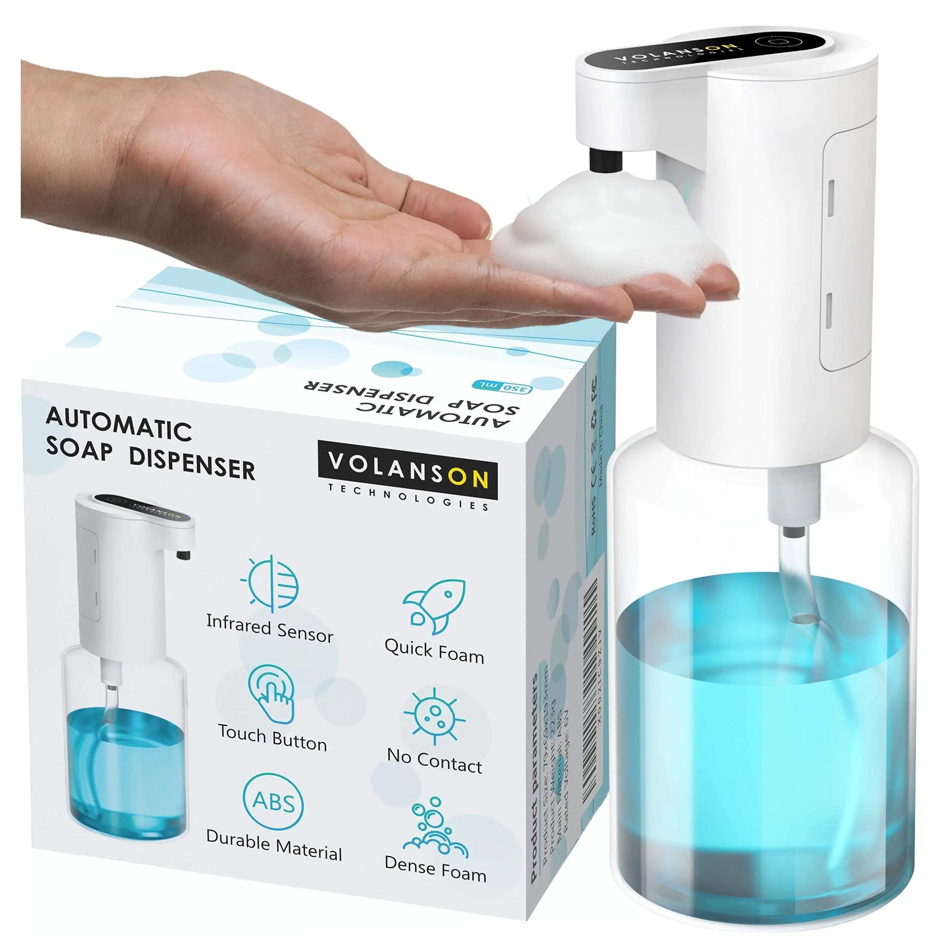 Automatic foaming soap dispenser dispensing foam into a hand with product box showing features