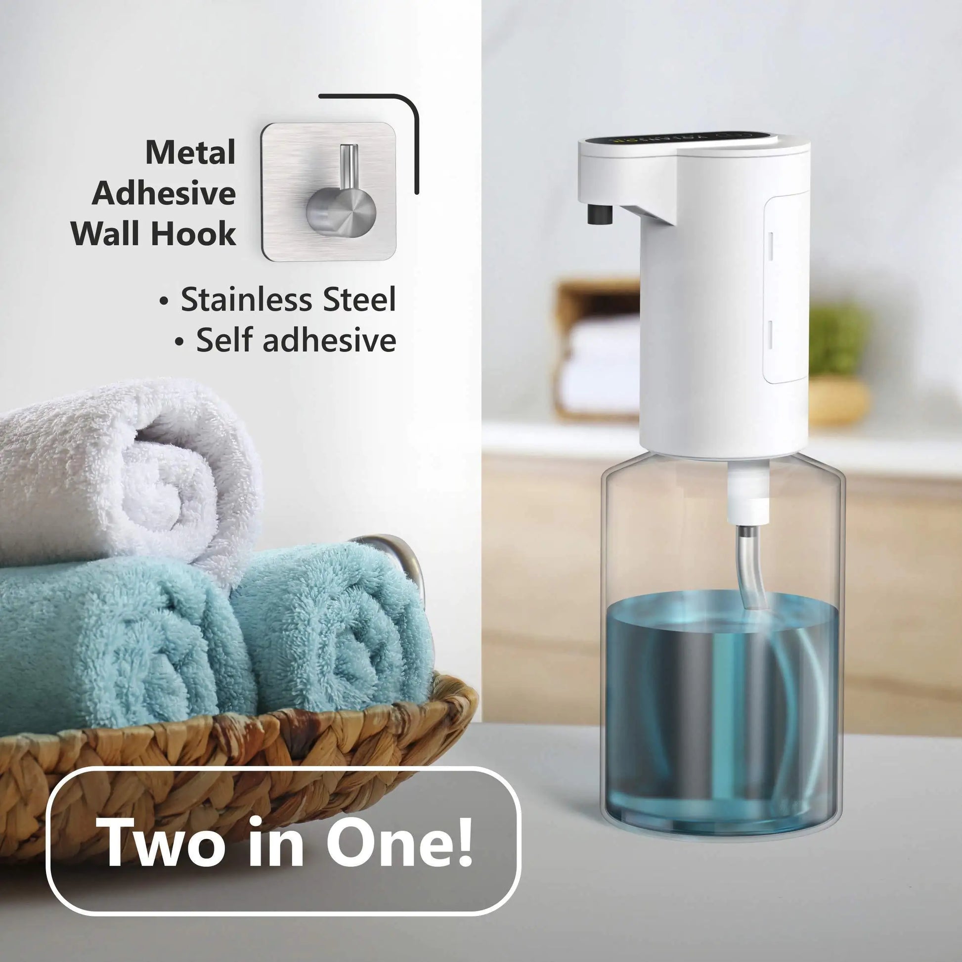 White automatic foaming soap dispenser with clear soap container and stainless steel adhesive wall hook
