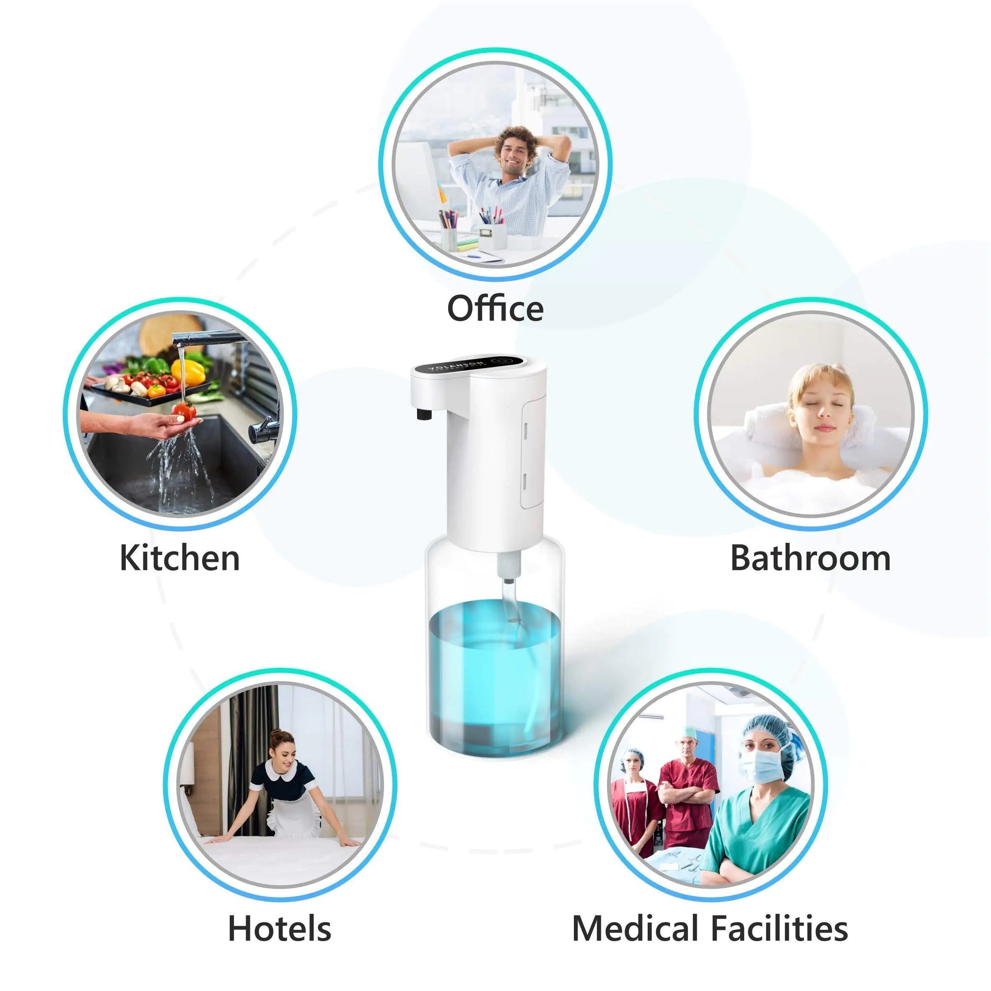 White automatic foaming soap dispenser with blue soap highlighting use in kitchen office bathroom hotels and medical facilities