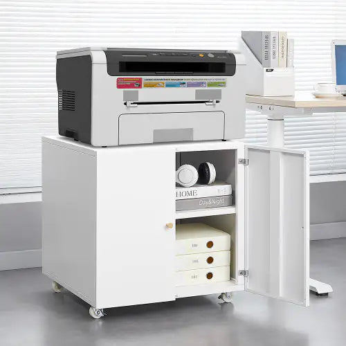 Metal Printer Stand With Storage Small Space Mobile Printer Table With Door Adjustable Shelf Home Office Filing Cabinet On Wheels