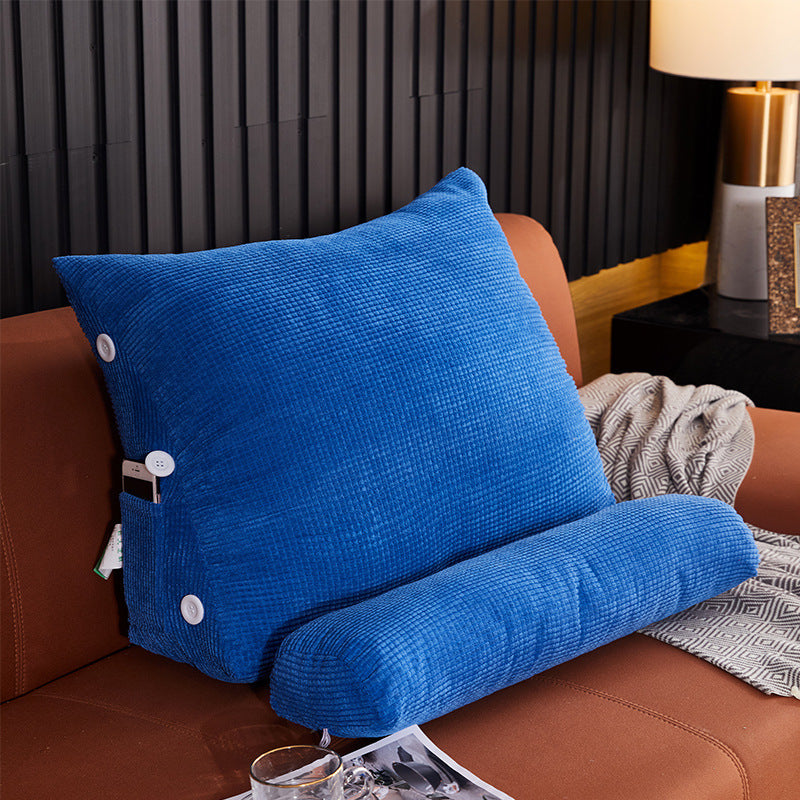 Shopi Vella blue waist backrest pillow with side pockets on a brown sofa for lumbar support