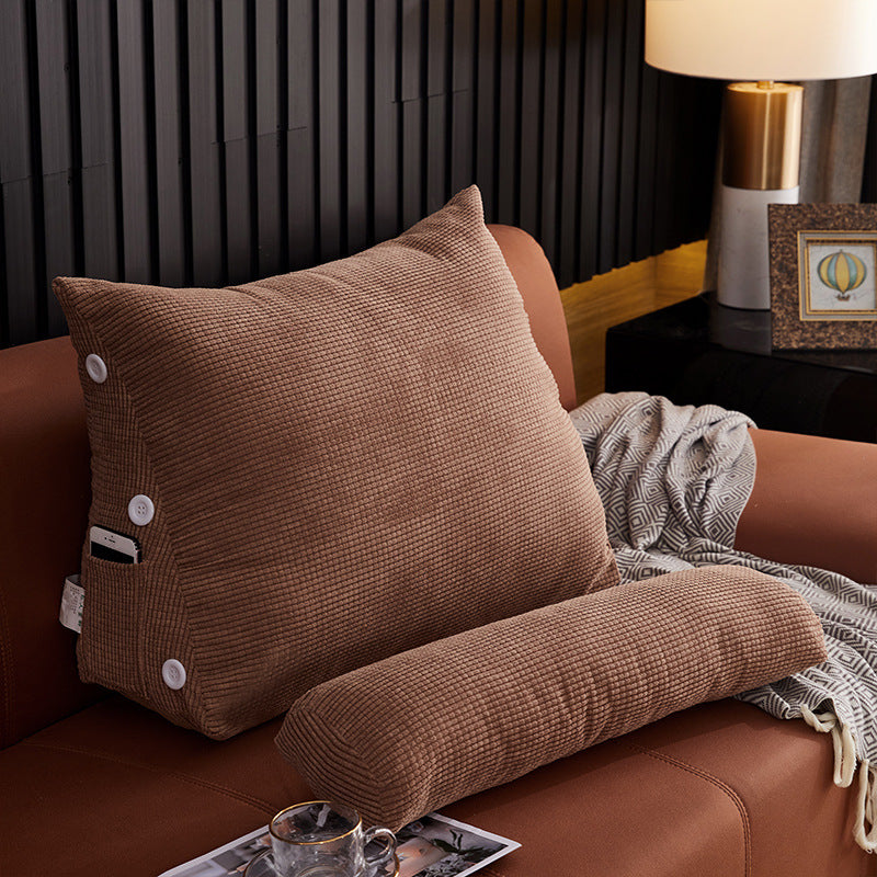 Shopi Vella brown pillow case designed for waist backrest pillow with side buttons and a small pocket