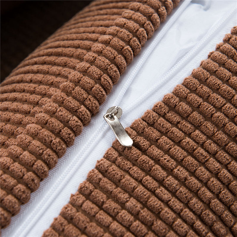 Close-up of brown ribbed fabric pillow case with zipper for waist backrest pillow by Shopi Vella