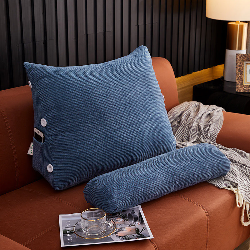 Shopi Vella blue waist backrest pillow with soft textured pillow case on brown couch with side bolster pillow