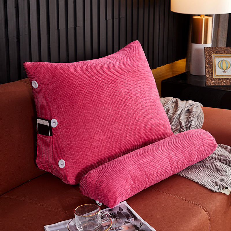 Shopi Vella pink waist backrest pillow with removable cover and side pocket on brown sofa