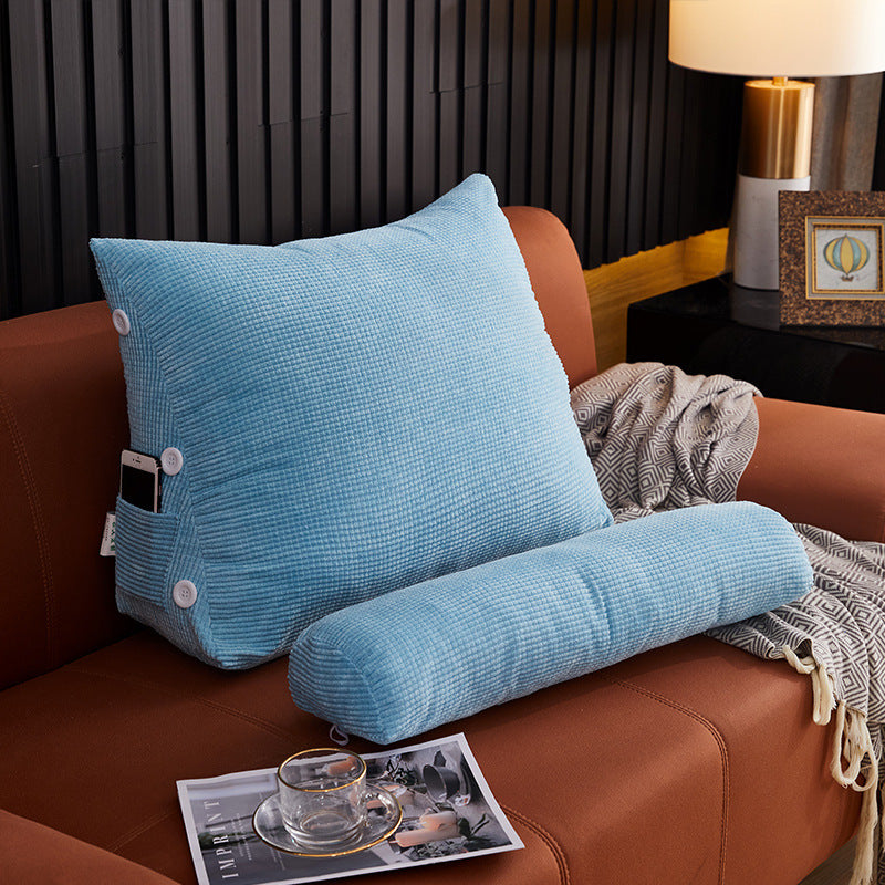 Shopi Vella blue waist backrest pillow with soft textured fabric and side pocket on brown sofa