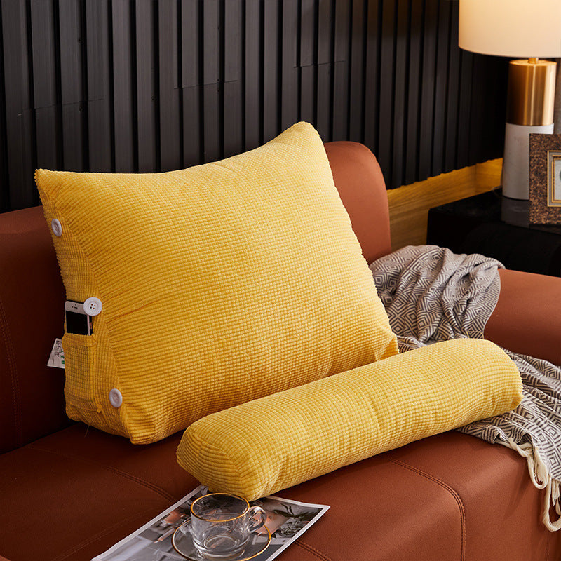 Shopi Vella yellow waist backrest pillow with matching lumbar support pillow on brown couch