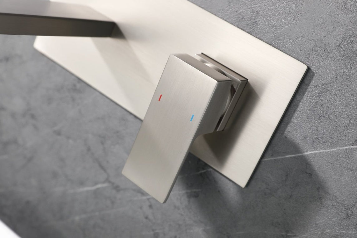 Shopi Vella wall mount bathroom faucet brushed nickel finish with modern lever handle on gray marble wall