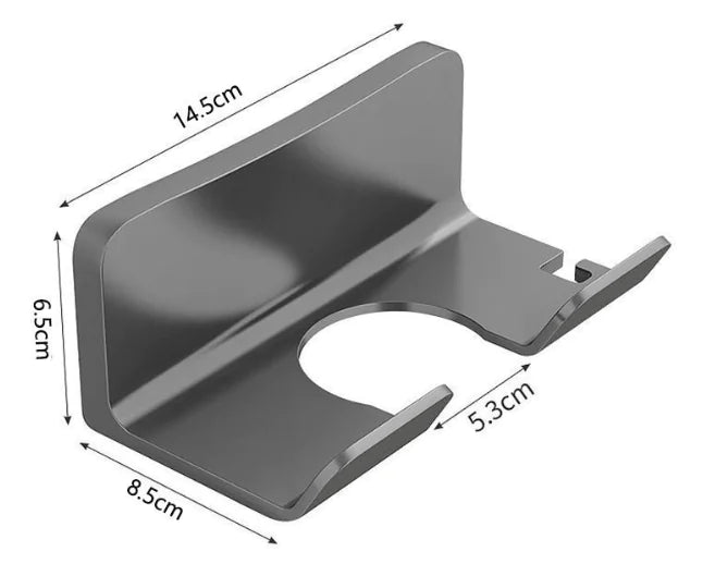 Wall mounted bathroom hair dryer rack in metal with dimensions for compact storage and organization