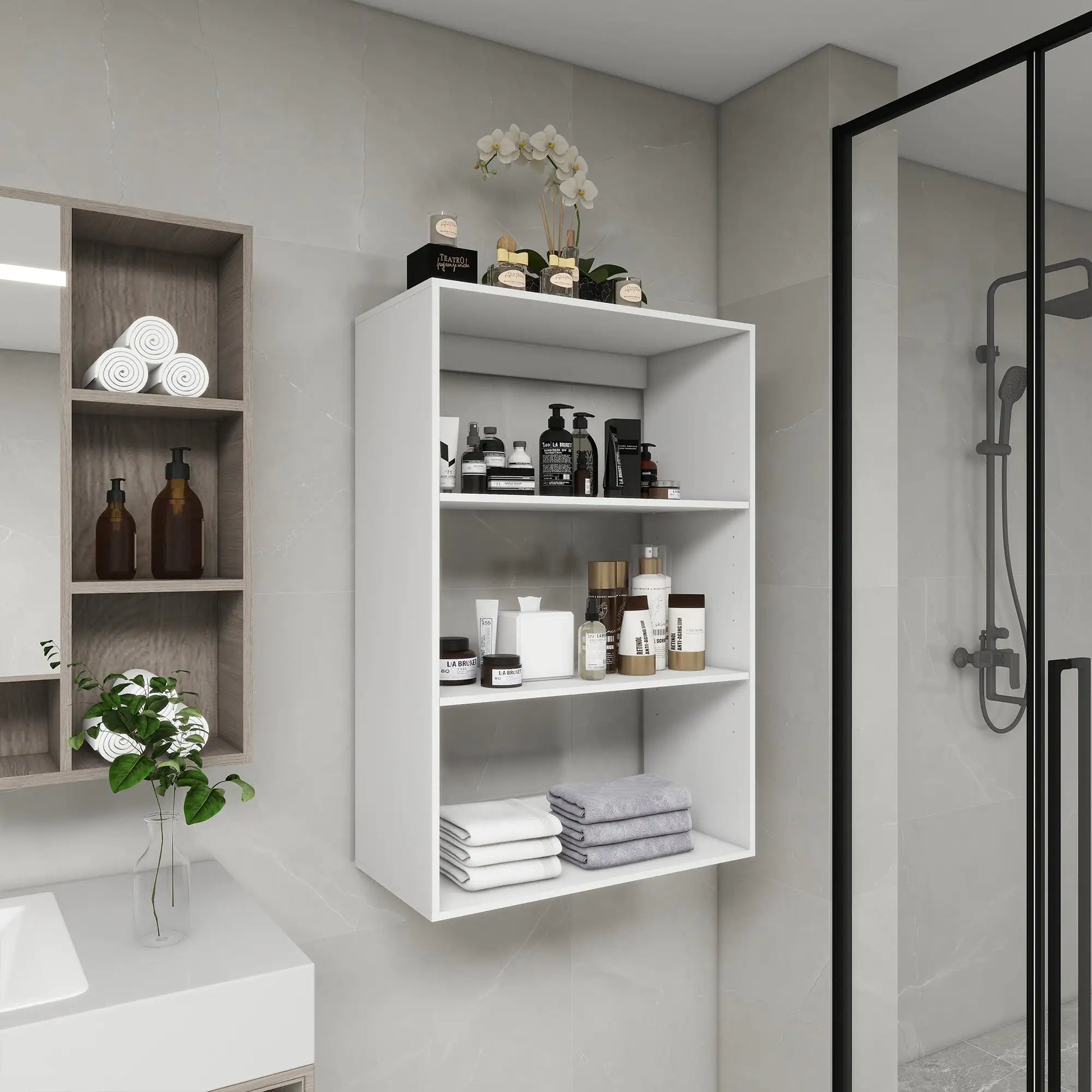 White wall mounted bathroom shelves filled with toiletries and towels in modern bathroom