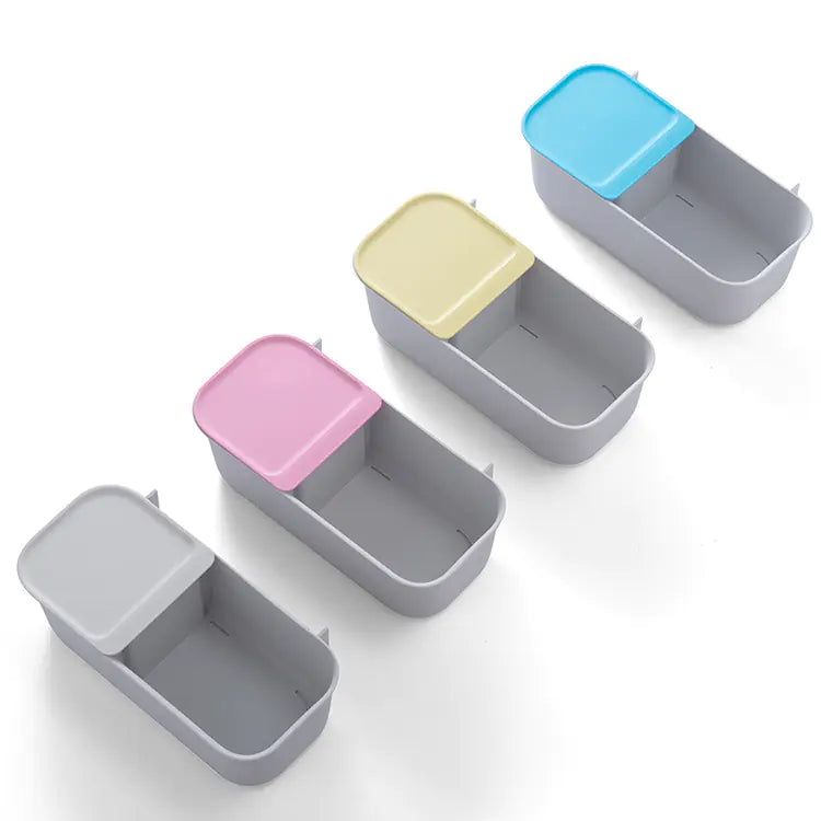 Wall mounted bathroom storage rack with colorful lids in blue yellow pink and gray for organizing toiletries