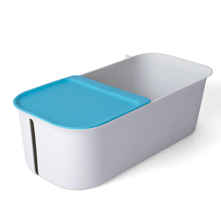 White and blue compact wall mounted bathroom storage rack with sliding lid for organizing toiletries