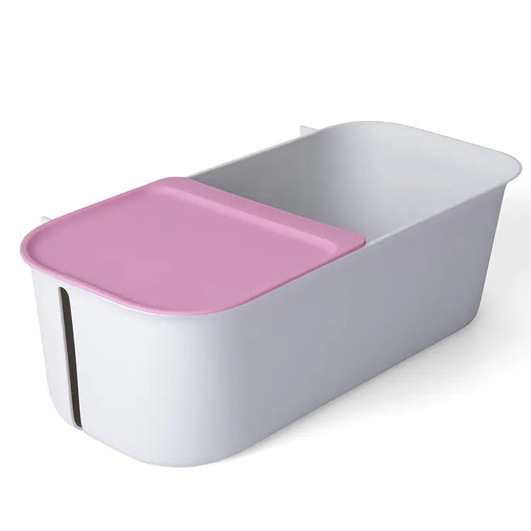 White and pink wall mounted bathroom storage rack with sliding lid for organizing toiletries