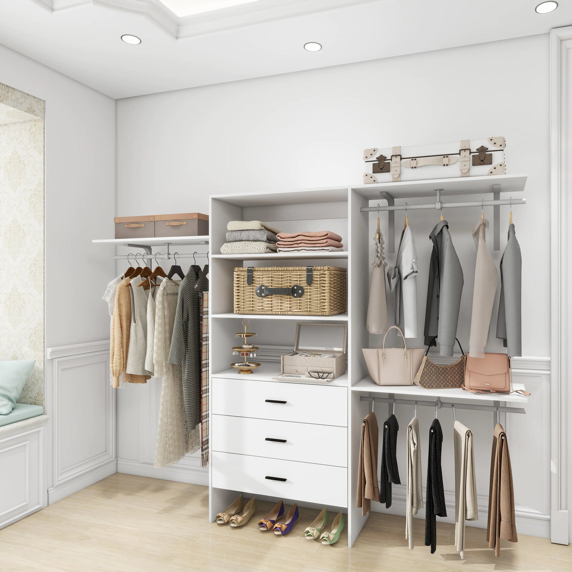 Wall mounted closet organizer white with hanging rods, shelves, and drawers for clothes and accessories