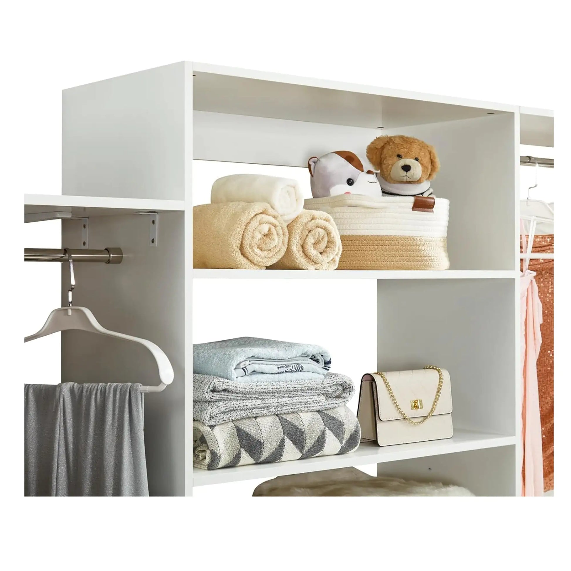 White wall mounted closet organizer white with shelves holding towels, toys, and a purse