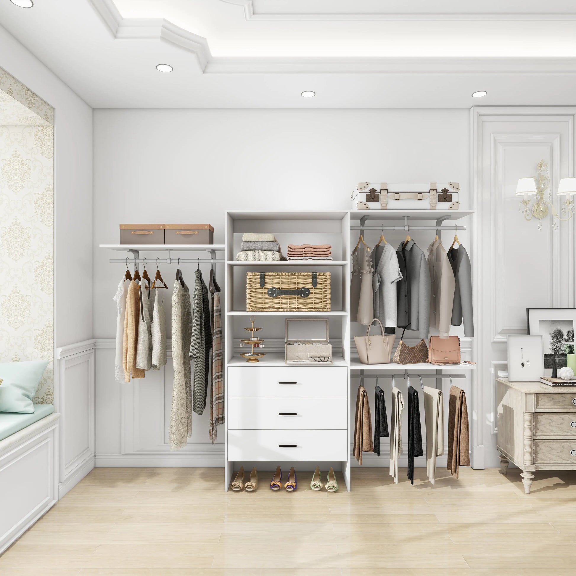 Wall mounted closet organizer white with shelves, drawers, and hanging rods displaying clothes, shoes, and storage baskets