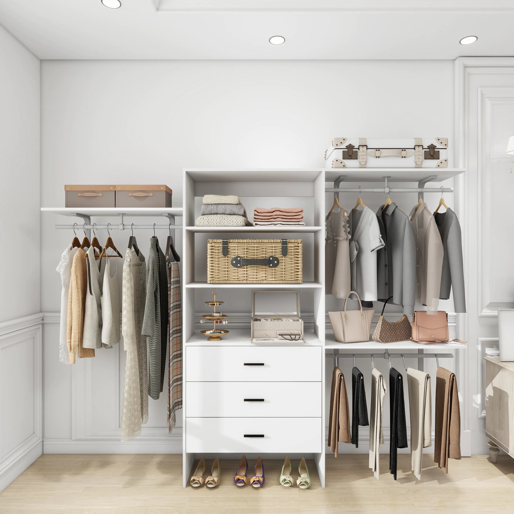 White wall mounted closet organizer white with shelves, drawers, and hanging rods for clothes and accessories