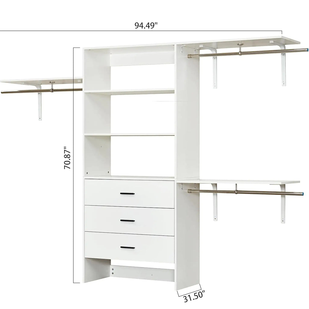 White wall mounted closet organizer white with shelves, drawers, and hanging rods for efficient storage