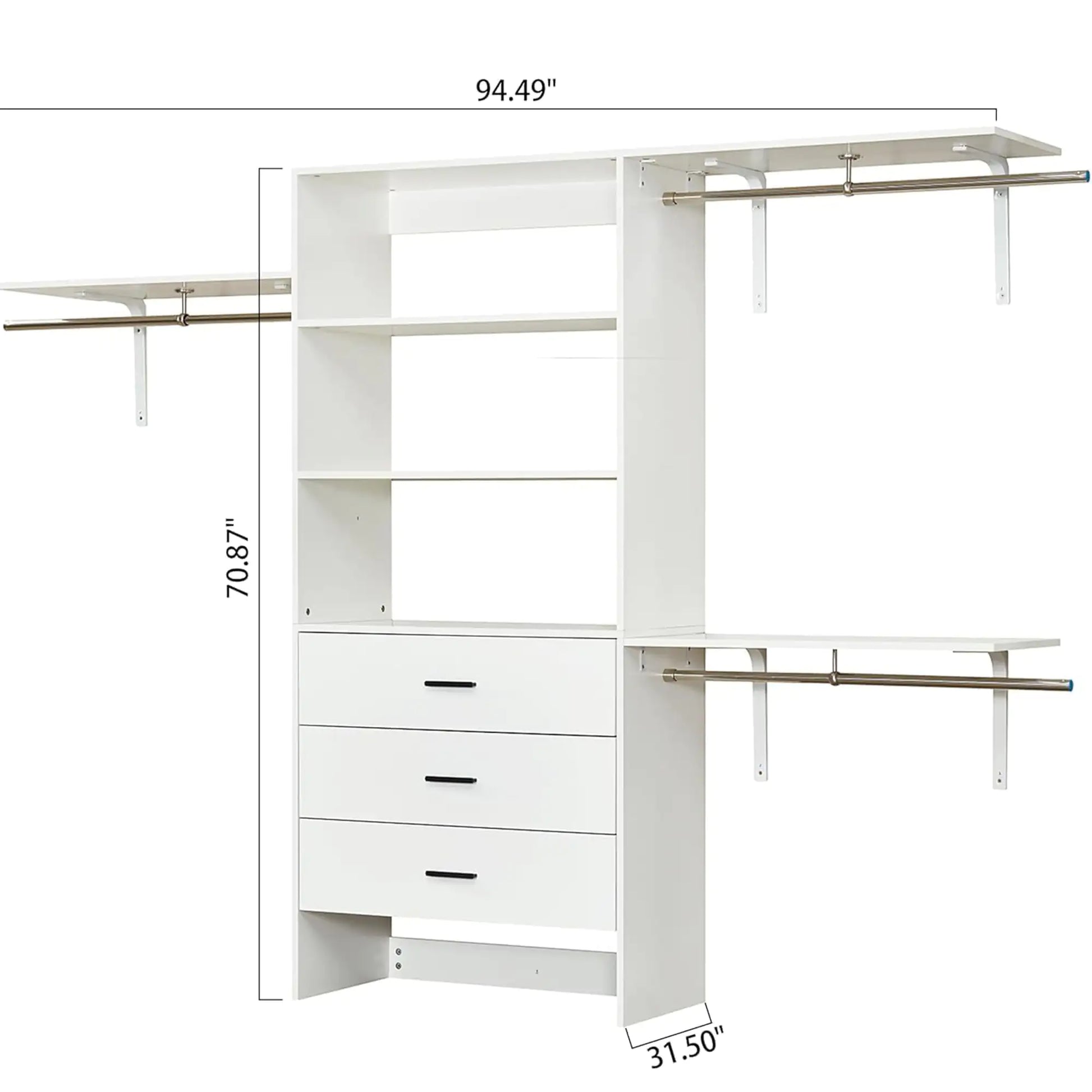 White wall mounted closet organizer white with shelves, drawers, and hanging rods for efficient storage