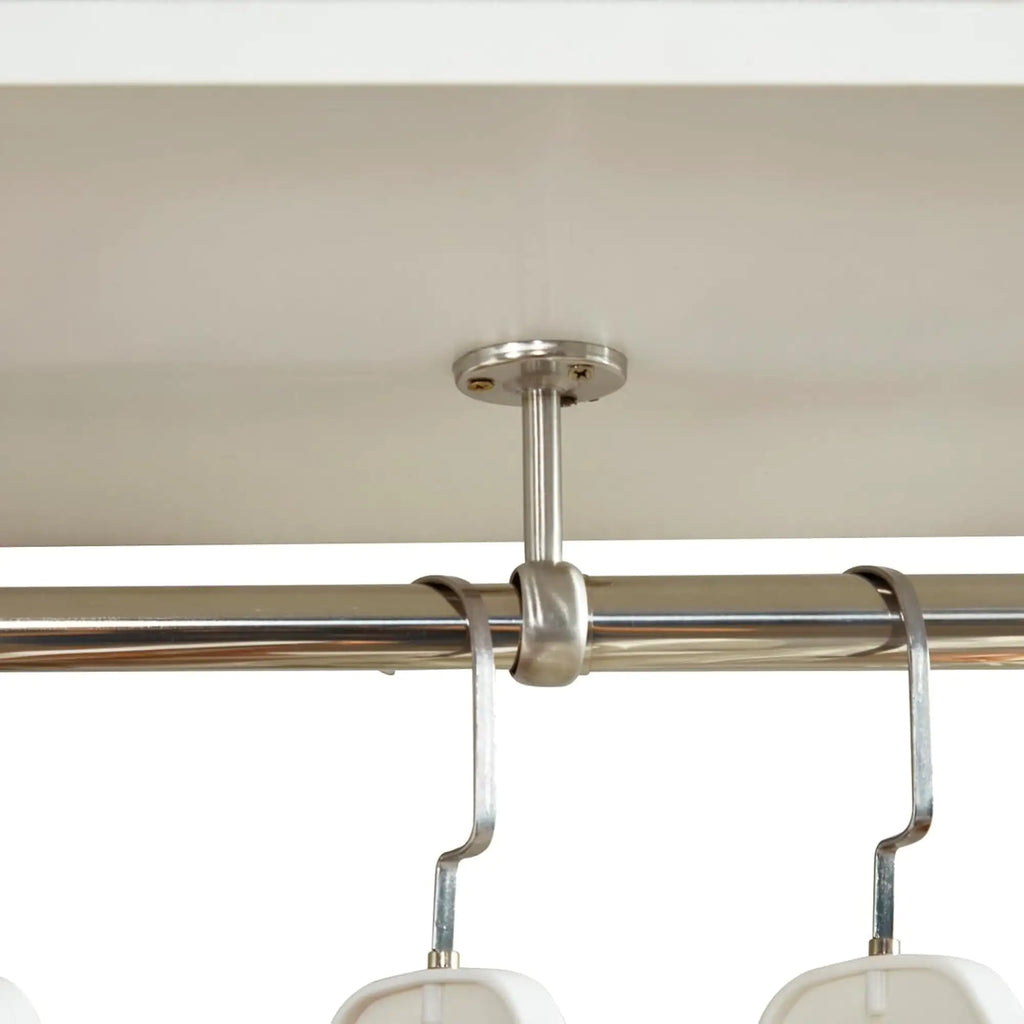 Close-up of metal rod ceiling support for wall mounted closet organizer white showing hanging hooks