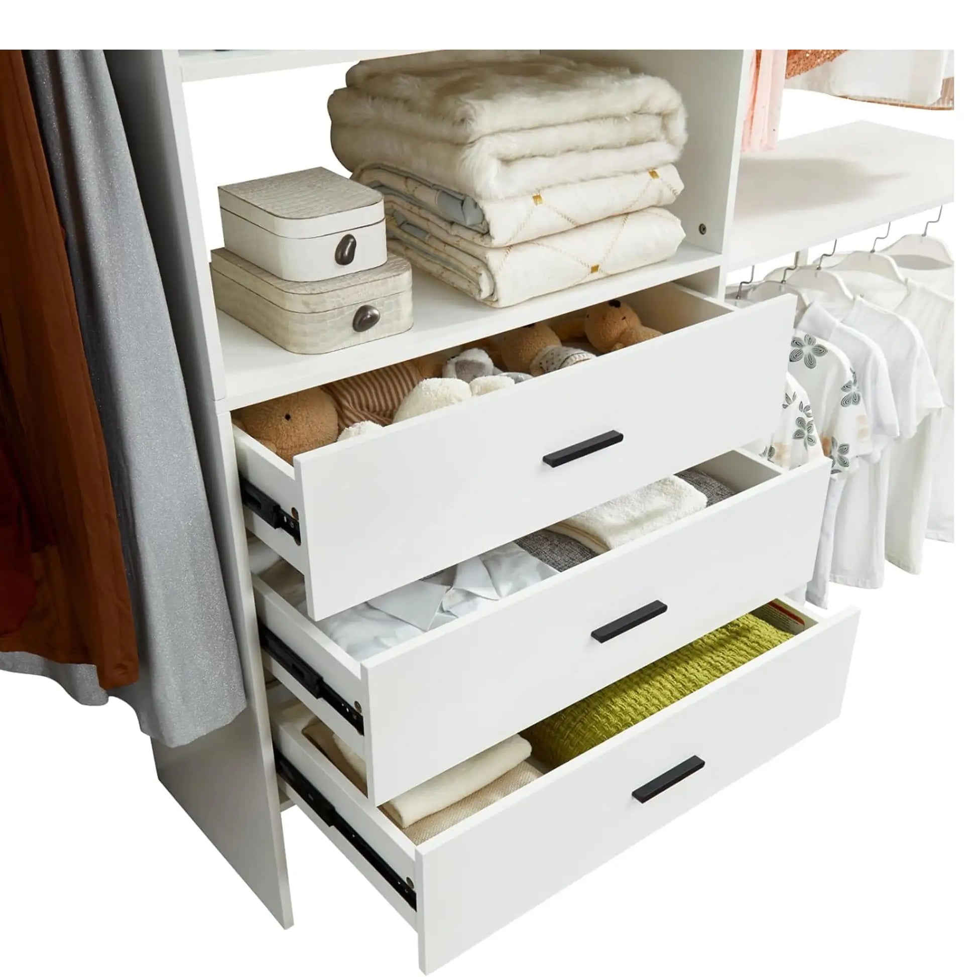 Wall mounted closet organizer white with three drawers holding clothes and accessories
