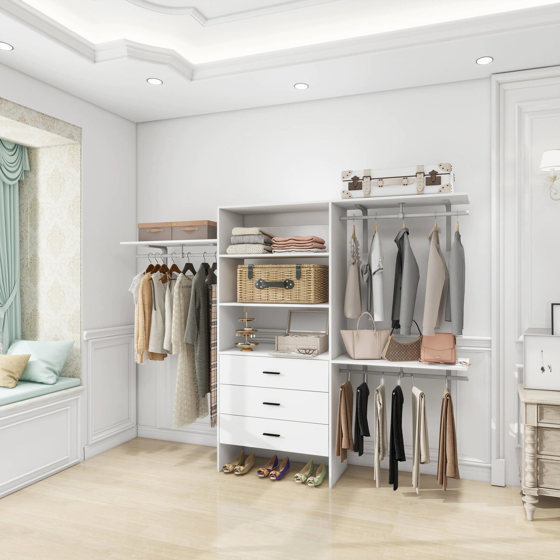 White wall mounted closet organizer white with shelves drawers and hanging rods for clothes and accessories
