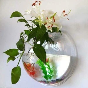 Shopi Vella wall-mounted fish bowl with live plants and decorative flowers for home storage and decor