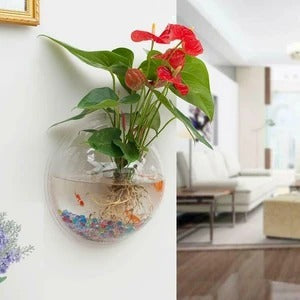 Shopi Vella wall-mounted fish bowl with decorative plants and colorful gravel for home storage and decor